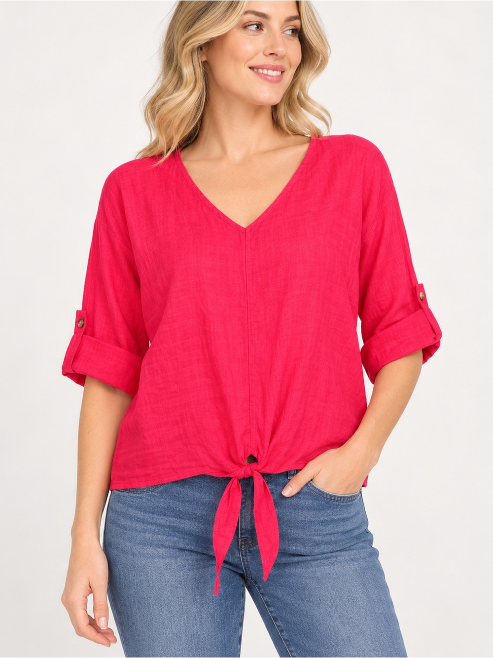 Charlie B Paradise Pink/Fuchsia Linen Blend V-Neck 3/4 Roll-Tab Sleeve Front Tie